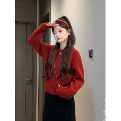 復古綠圓領小個子女生短款針織衫韓系簡約溫柔風毛衣秋冬穿搭上衣