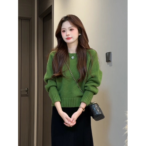 復古綠圓領小個子女生短款針織衫韓系簡約溫柔風毛衣秋冬穿搭上衣 復古綠圓領小個子女生短款針織衫韓系簡約溫柔風毛衣秋冬穿搭上衣