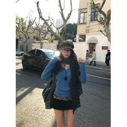 美式辣妹藍色麻花V領毛衣女秋冬2025新款內搭針織打底衫修身上衣