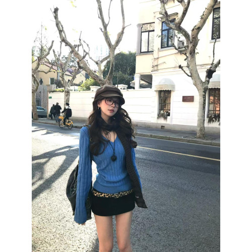 美式辣妹藍色麻花V領毛衣女秋冬2025新款內搭針織打底衫修身上衣 美式辣妹藍色麻花V領毛衣女秋冬2025新款內搭針織打底衫修身上衣