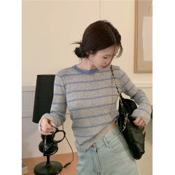 別致小衆撞色條紋打底衫女2025春秋韓版減齡長袖上衣套頭針織毛衣