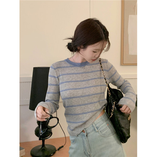 別致小衆撞色條紋打底衫女2026春秋韓版減齡長袖上衣套頭針織毛衣