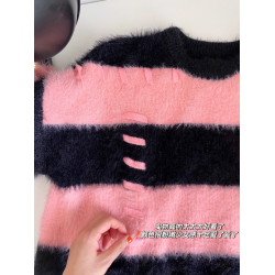 日系條紋水貂絨毛衣女秋冬慵懶風毛衣毛茸茸針織衫上衣毛衣女秋冬