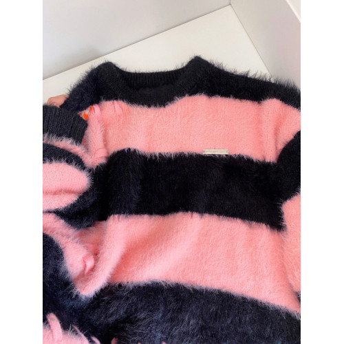 日系條紋水貂絨毛衣女秋冬慵懶風毛衣毛茸茸針織衫上衣毛衣女秋冬 日系條紋水貂絨毛衣女秋冬慵懶風毛衣毛茸茸針織衫上衣毛衣女秋冬