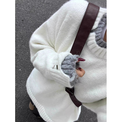 慵懶風白色針織毛衣女2025早秋新款寬松軟糯高級感假兩件秋冬上衣 慵懶風白色針織毛衣女2025早秋新款寬松軟糯高級感假兩件秋冬上衣