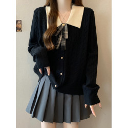 大碼胖mm秋冬新款翻領學院風針織衫蝴蝶結撞色毛衣寬松減齡上衣女