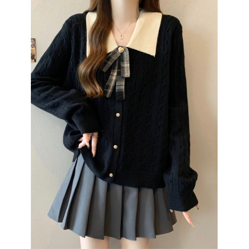 大碼胖mm秋冬新款翻領學院風針織衫蝴蝶結撞色毛衣寬松減齡上衣女 大碼胖mm秋冬新款翻領學院風針織衫蝴蝶結撞色毛衣寬松減齡上衣女