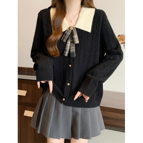 大碼胖mm秋冬新款翻領學院風針織衫蝴蝶結撞色毛衣寬松減齡上衣女 大碼胖mm秋冬新款翻領學院風針織衫蝴蝶結撞色毛衣寬松減齡上衣女