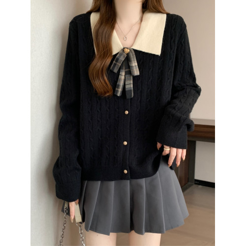 大碼胖mm秋冬新款翻領學院風針織衫蝴蝶結撞色毛衣寬松減齡上衣女 大碼胖mm秋冬新款翻領學院風針織衫蝴蝶結撞色毛衣寬松減齡上衣女