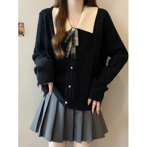 大碼胖mm秋冬新款翻領學院風針織衫蝴蝶結撞色毛衣寬松減齡上衣女 大碼胖mm秋冬新款翻領學院風針織衫蝴蝶結撞色毛衣寬松減齡上衣女