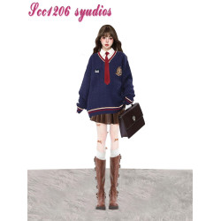美式復古慵懶學院風新年紅色針織毛衣女冬季JK製服寬松學生套裝潮