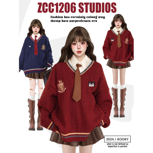 美式復古慵懶學院風新年紅色針織毛衣女冬季JK製服寬松學生套裝潮 美式復古慵懶學院風新年紅色針織毛衣女冬季JK製服寬松學生套裝潮