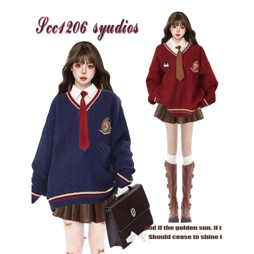 美式復古慵懶學院風新年紅色針織毛衣女冬季JK製服寬松學生套裝潮 美式復古慵懶學院風新年紅色針織毛衣女冬季JK製服寬松學生套裝潮