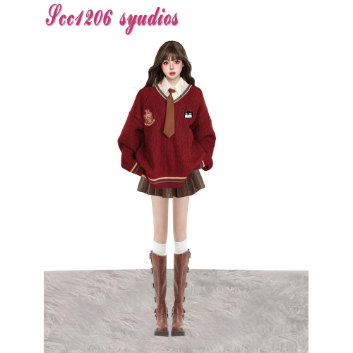 美式復古慵懶學院風新年紅色針織毛衣女冬季JK製服寬松學生套裝潮 美式復古慵懶學院風新年紅色針織毛衣女冬季JK製服寬松學生套裝潮
