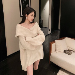 聖誕氛圍感穿搭露肩上衣一字肩長款大毛衣秋冬女慵懶風高級感寬松