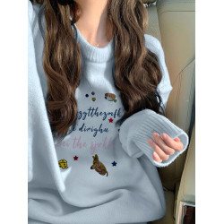 藍色軟糯毛衣女秋冬加絨加厚寬松慵懶風別致設計感套頭針織衫上衣