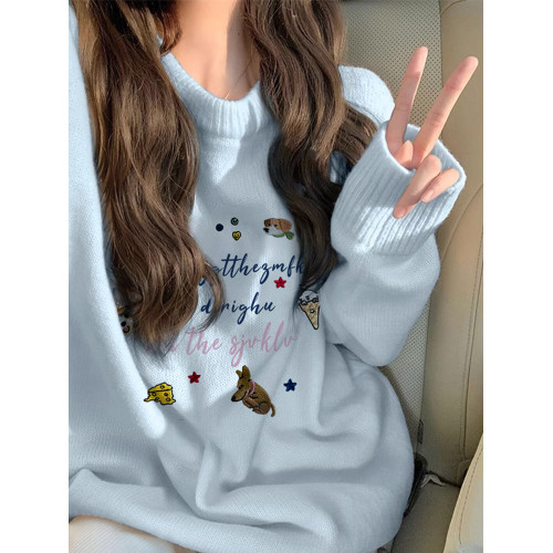 藍色軟糯毛衣女秋冬加絨加厚寬松慵懶風別致設計感套頭針織衫上衣 藍色軟糯毛衣女秋冬加絨加厚寬松慵懶風別致設計感套頭針織衫上衣