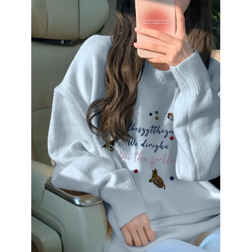 藍色軟糯毛衣女秋冬加絨加厚寬松慵懶風別致設計感套頭針織衫上衣 藍色軟糯毛衣女秋冬加絨加厚寬松慵懶風別致設計感套頭針織衫上衣