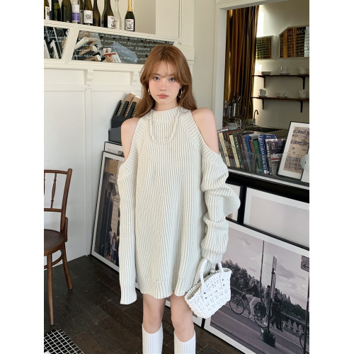 純欲辣妹慵懶風露肩毛衣女秋冬法式寬松掛脖小心機中長款針織上衣 純欲辣妹慵懶風露肩毛衣女秋冬法式寬松掛脖小心機中長款針織上衣