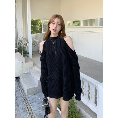 純欲辣妹慵懶風露肩毛衣女秋冬法式寬松掛脖小心機中長款針織上衣 純欲辣妹慵懶風露肩毛衣女秋冬法式寬松掛脖小心機中長款針織上衣
