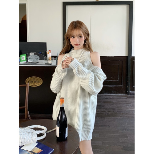 純欲辣妹慵懶風露肩毛衣女秋冬法式寬松掛脖小心機中長款針織上衣 純欲辣妹慵懶風露肩毛衣女秋冬法式寬松掛脖小心機中長款針織上衣