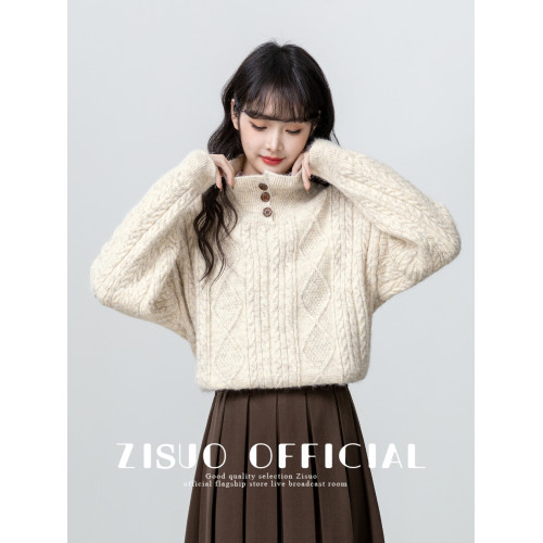 半高領麻花毛衣女秋冬2026新款保暖加厚半開領套頭針織衫打底上衣