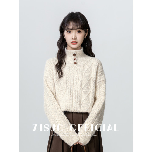 半高領麻花毛衣女秋冬2026新款保暖加厚半開領套頭針織衫打底上衣
