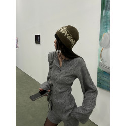 韓系慵懶風灰色套頭麻花毛衣女冬修身顯瘦亨利領針織上衣褲子套裝