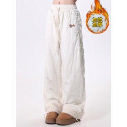 Rayohopp棉褲女秋冬新款寬松卷邊羊羔絨褲子加絨加厚休閒垂感褲子