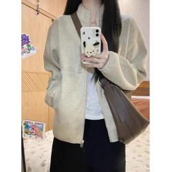 美式復古毛呢夾克女春秋季2024新款寬松休閒百搭立領衛衣開衫外套