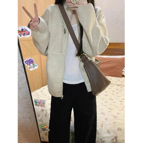 美式復古毛呢夾克女春秋季2024新款寬松休閒百搭立領衛衣開衫外套 美式復古毛呢夾克女春秋季2024新款寬松休閒百搭立領衛衣開衫外套