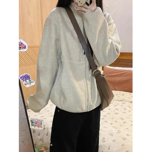 美式復古毛呢夾克女春秋季2024新款寬松休閒百搭立領衛衣開衫外套 美式復古毛呢夾克女春秋季2024新款寬松休閒百搭立領衛衣開衫外套