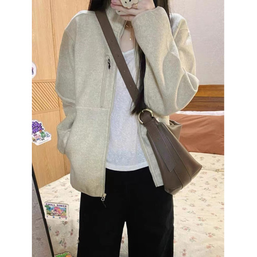 美式復古毛呢夾克女春秋季2024新款寬松休閒百搭立領衛衣開衫外套 美式復古毛呢夾克女春秋季2024新款寬松休閒百搭立領衛衣開衫外套