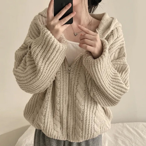 連帽毛衣外套女寬松慵懶風復古麻花日系減齡針織開衫韓版秋冬上衣 連帽毛衣外套女寬松慵懶風復古麻花日系減齡針織開衫韓版秋冬上衣