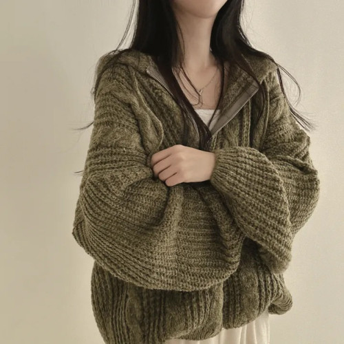 連帽毛衣外套女寬松慵懶風復古麻花日系減齡針織開衫韓版秋冬上衣 連帽毛衣外套女寬松慵懶風復古麻花日系減齡針織開衫韓版秋冬上衣