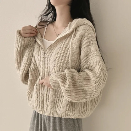 連帽毛衣外套女寬松慵懶風復古麻花日系減齡針織開衫韓版秋冬上衣 連帽毛衣外套女寬松慵懶風復古麻花日系減齡針織開衫韓版秋冬上衣