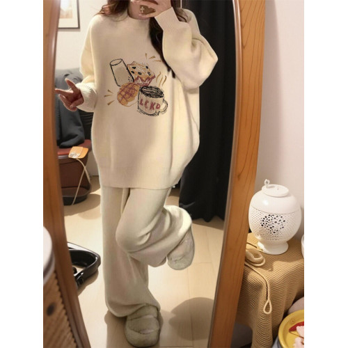 白色印花奶fufu秋冬毛衣女小個子慵懶風高級感上衣冬季加厚針織衫 白色印花奶fufu秋冬毛衣女小個子慵懶風高級感上衣冬季加厚針織衫