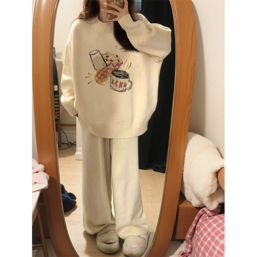 白色印花奶fufu秋冬毛衣女小個子慵懶風高級感上衣冬季加厚針織衫 白色印花奶fufu秋冬毛衣女小個子慵懶風高級感上衣冬季加厚針織衫