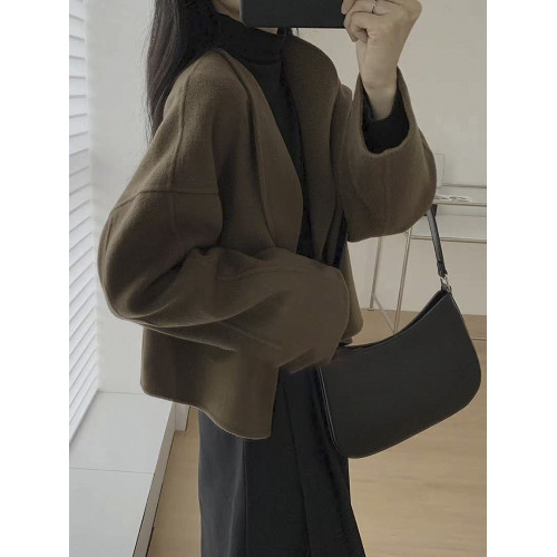 赫本風黑色短款毛呢外套女半身裙秋冬小個子雙面羊絨高級感厚大衣 赫本風黑色短款毛呢外套女半身裙秋冬小個子雙面羊絨高級感厚大衣