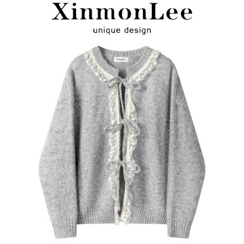 XinmonLee蕾絲花邊設計感甜美風秋冬季毛衣外套軟糯氣質顯瘦開衫
