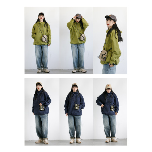 RCDB日系連帽戶外工裝拉鍊大口袋沖鋒衣夾克男女中性風寬松短外套 RCDB日系連帽戶外工裝拉鍊大口袋沖鋒衣夾克男女中性風寬松短外套