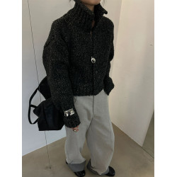 韓國東大門時尚新款加厚毛衣外套女設計感小衆高領粗線針織開衫潮