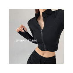 自畱N件~健身短款修身瑜珈服上衣女春秋季美式明線設計感長袖外套