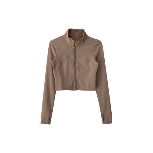 自畱N件~健身短款修身瑜珈服上衣女春秋季美式明線設計感長袖外套 自畱N件~健身短款修身瑜珈服上衣女春秋季美式明線設計感長袖外套