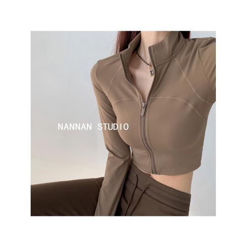 自畱N件~健身短款修身瑜珈服上衣女春秋季美式明線設計感長袖外套 自畱N件~健身短款修身瑜珈服上衣女春秋季美式明線設計感長袖外套