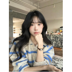 美式藍色條紋翻領毛衣女秋冬季加厚軟糯高級感慵懶風套頭針織上衣