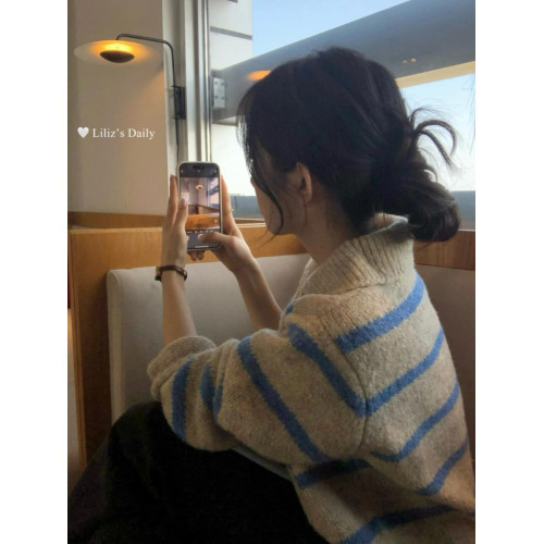 美式藍色條紋翻領毛衣女秋冬季加厚軟糯高級感慵懶風套頭針織上衣 美式藍色條紋翻領毛衣女秋冬季加厚軟糯高級感慵懶風套頭針織上衣