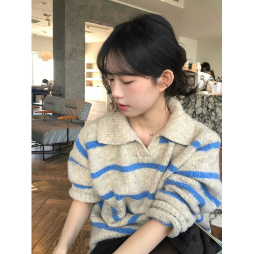 美式藍色條紋翻領毛衣女秋冬季加厚軟糯高級感慵懶風套頭針織上衣 美式藍色條紋翻領毛衣女秋冬季加厚軟糯高級感慵懶風套頭針織上衣
