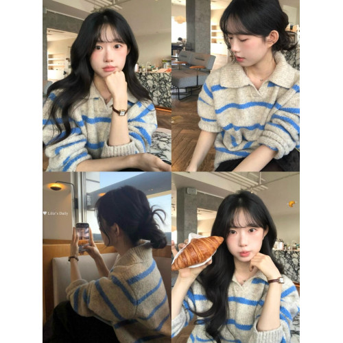 美式藍色條紋翻領毛衣女秋冬季加厚軟糯高級感慵懶風套頭針織上衣 美式藍色條紋翻領毛衣女秋冬季加厚軟糯高級感慵懶風套頭針織上衣