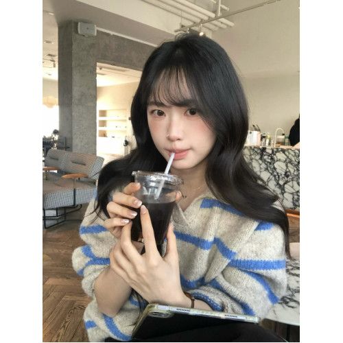 美式藍色條紋翻領毛衣女秋冬季加厚軟糯高級感慵懶風套頭針織上衣 美式藍色條紋翻領毛衣女秋冬季加厚軟糯高級感慵懶風套頭針織上衣